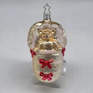 Inge Glas Teddy Bear in Crib German Glass Christmas Ornament 3.5"